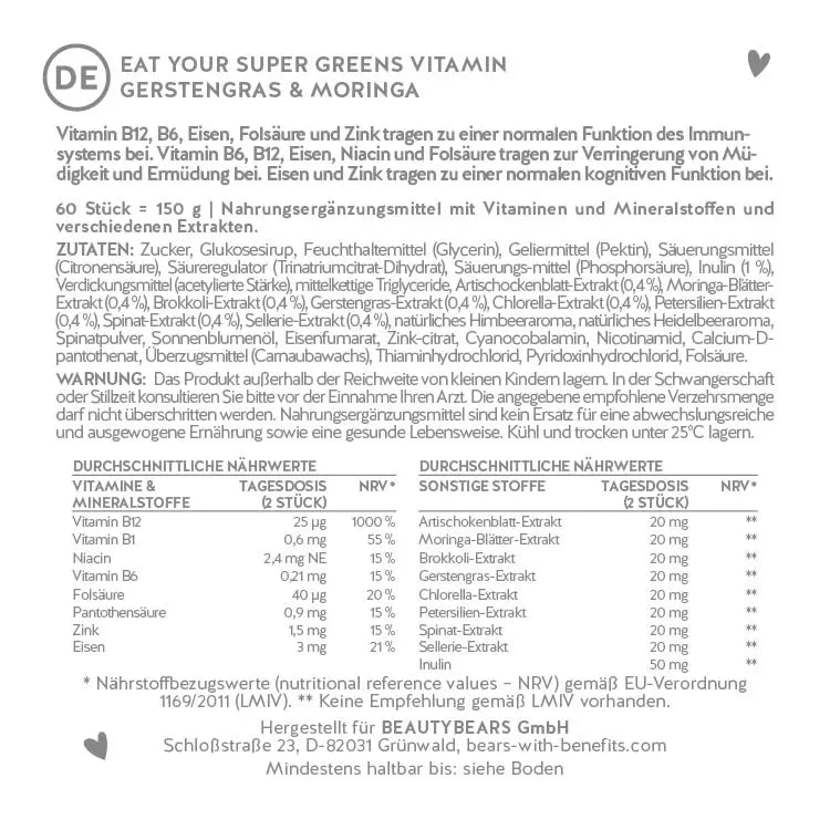 Hier siehst du die Nährstofftabelle der Eat Your Supergreens Vitamin mit Gerstengras und Moringa von Bears with Benefits.