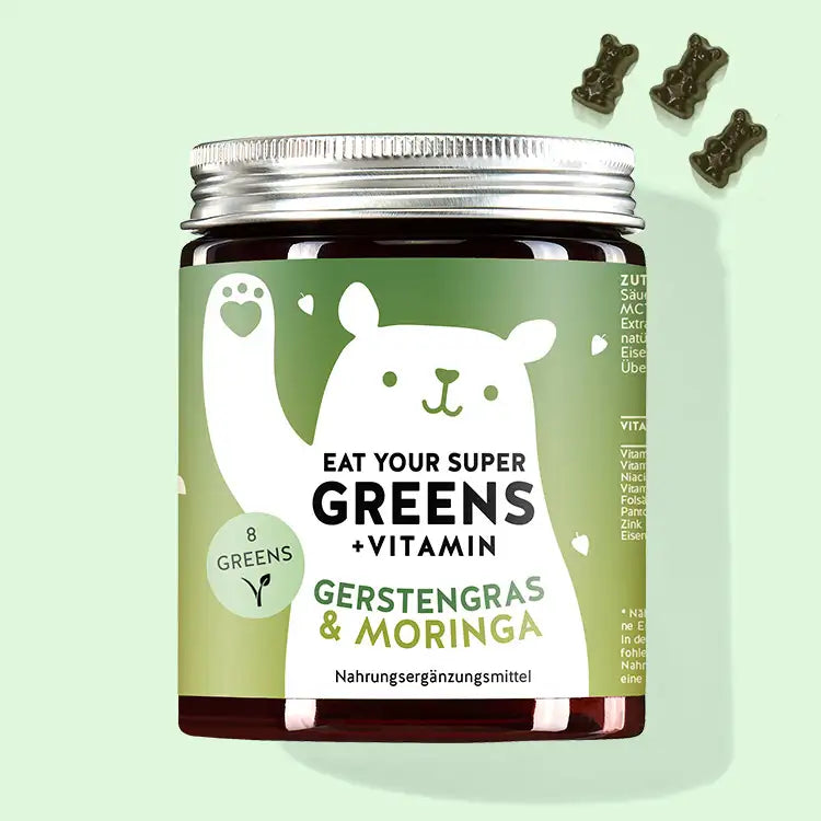 Eine Dose Eat your Super Greens mit Gerstengras, Moringa & 6 weiteren Greens von Bears with Benefits als Allrounder für dein Wohlbefinden.
