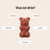 Bears with Benefits Golden Goddess Tan Vitamin – Inhaltsstoffe pro Gummibärchen: Beta-Carotin, Vitamin C, Vitamin D, Vitamin E, Kupfer, vegane Formel für sonnengebräunte Haut und natürliche Hautpigmentierung
