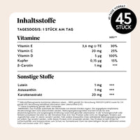 Bears with Benefits Golden Goddess Tan Vitamin – Nährwerttabelle 90 Stück: Vitamin E 3,6 mg, Vitamin C 20 mg, Vitamin D 5 µg, Kupfer 0,15 µg, Beta-Carotin 1 mg, Lutein 1 mg, Astaxanthin 1 mg, Karottenextrakt 20 mg, Tagesdosis 1 Stück