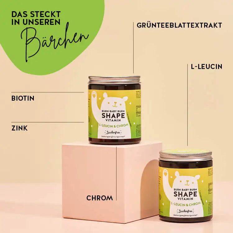 Diese Inhaltsstoffe und Nährstoffe stecken in den Burn Baby Burn Shape Vitamins von Bears with Benefits: Biotin, Zink, Chrom, L-Leucin und Grünteeblattextrakt.