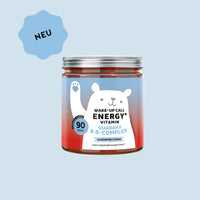 Bild der Dose mit 90 Stück des Wake-Up Call Energy vitamin von Bears with Benefits in Gummibärchenform, entwickelt zur Unterstützung des Energiestoffwechsels und zur Verringerung von Müdigkeit und Ermüdung.