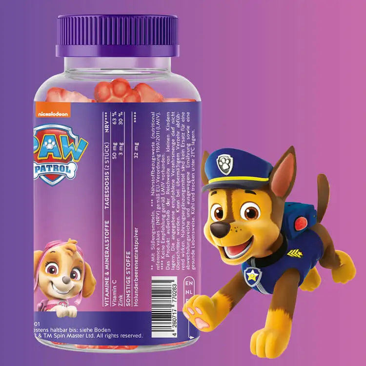 Hier ist die Rückseite der Verpackung der Immun Power Paws Bärchen für Kinder mit Holunderbeere abgebildet. Darauf stehen die Nährwertangaben sowie die Zutatenliste des Produkts.