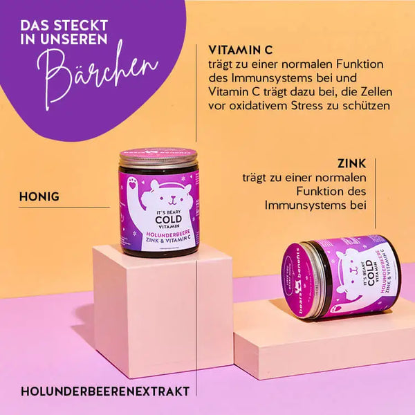 Diese Inhaltsstoffe und Nährstoffe stecken in den It's Beary Cold Vitamins von Bears with Benefits: Vitamin C, Honig, Zink und Holunderbeerenextrakt.