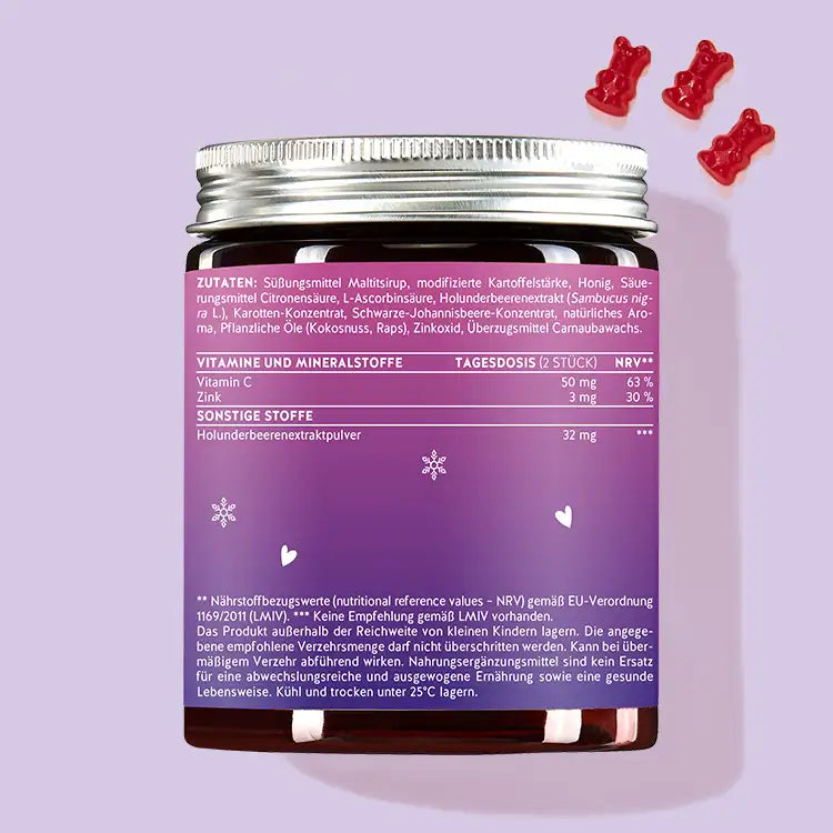 Hier ist die Rückseite der Verpackung der It`s Beary Cold Bärchen mit Holunderbeere abgebildet. Darauf stehen die Nährwertangaben sowie die Zutatenliste des Produkts.