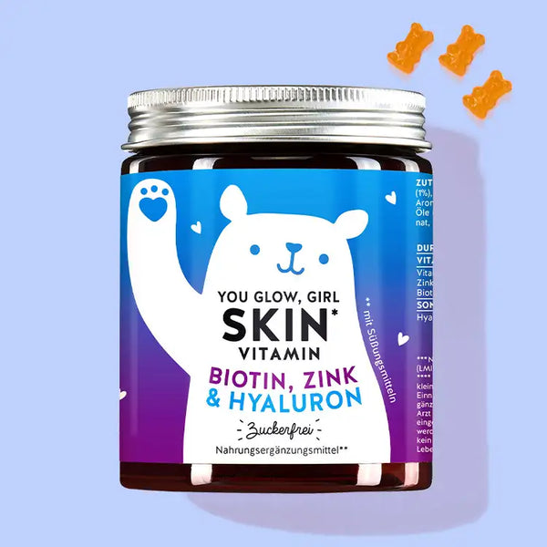 Auf diesem Bild ist eine Dose des Produkts You Glow, Girl Skin mit Biotin, Zink und Hyaluron von Bears with Benefits abgebildet.