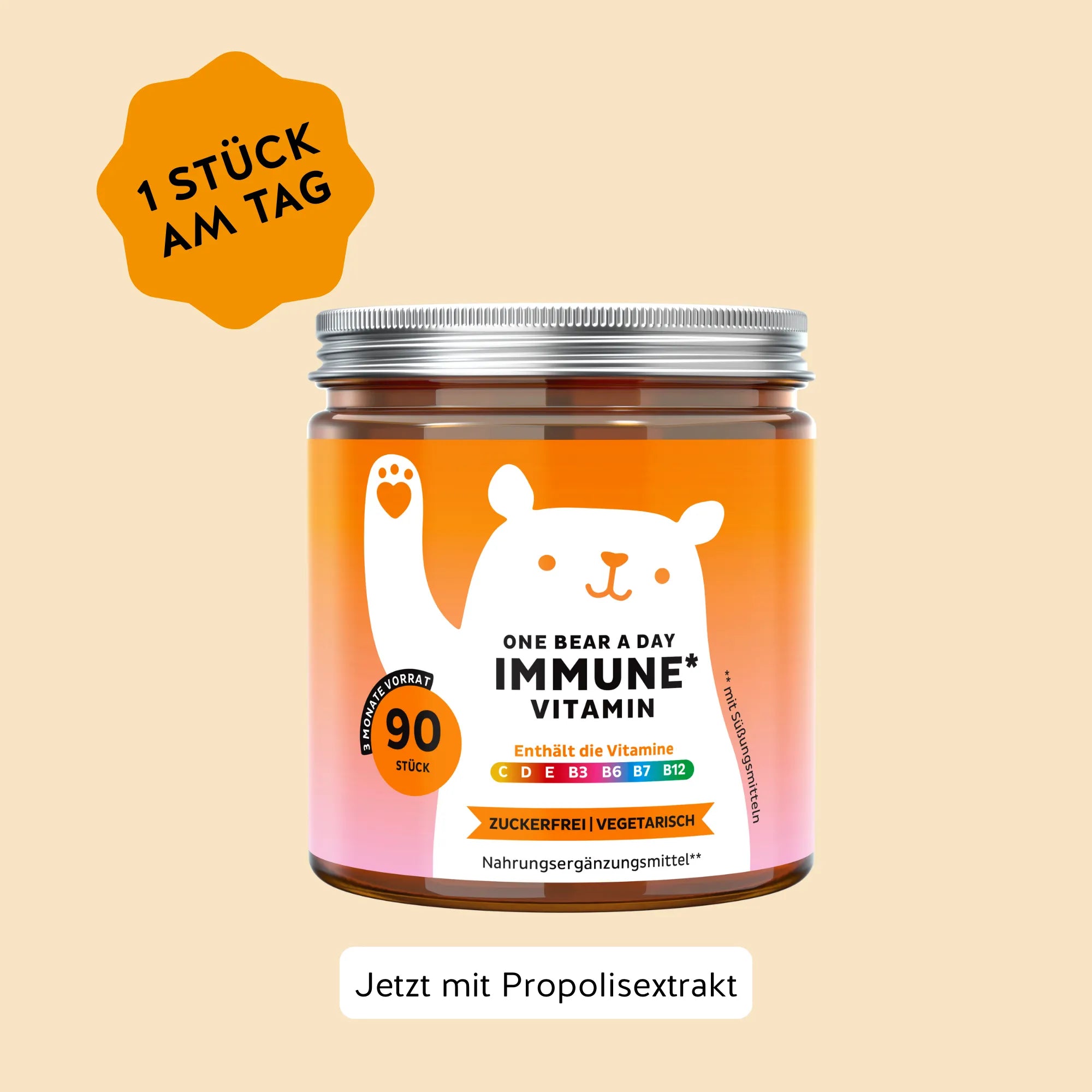 Bears with Benefits ONE BEAR A DAY Immune Vitamin – Vegetarische Vitamin-Gummibärchen für das Immunsystem, mit Propolisextrakt sowie den Vitaminen C, D, E, B3, B6, B7 und B12, 90 Stück, zuckerfrei