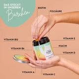 Diese Inhaltsstoffe und Nährstoffe stecken in den One Bear A Day Immun Vitamins von Bears with Benefits: Biotin, Folsäure, Niacin, Vitamin A, B6 & B12, C, D und Vitamin E