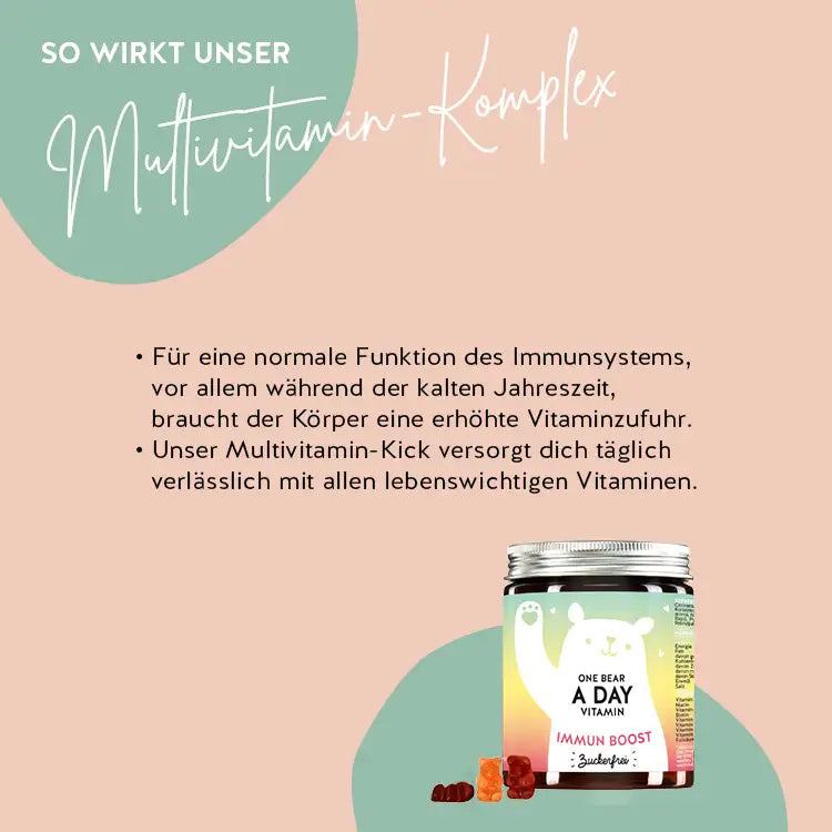 So wirken die One Bear A Day Immun Vitamins von Bears with Benefits mit Multivitamin-Komplex: für eine normale Funktion des Immunsystems, vor allem während der kalten Jahreszeit, braucht der Körper eine erhöhte Vitaminzufuhr, versorgt mit allen lebenswichtigen Vitaminen