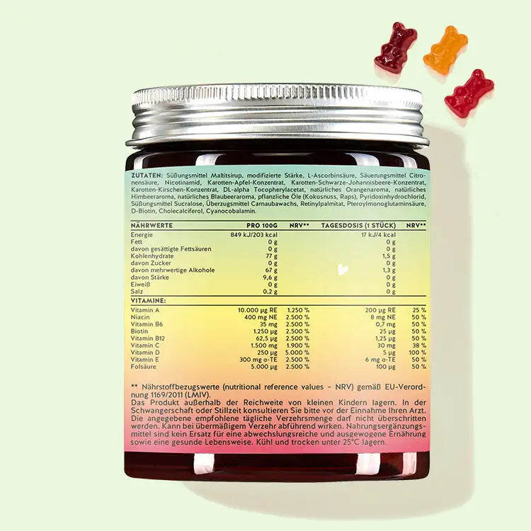Hier ist die Rückseite der Verpackung der Multivitamin-Komplex One Bear A day Bärchen mit Vitamin C abgebildet. Darauf stehen die Nährwertangaben sowie die Zutatenliste des Produkts.
