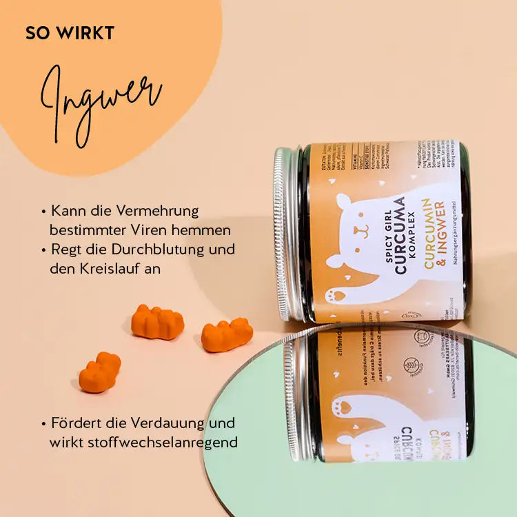 So wirken die Spicy Girl Curcuma Vitamins mit Ingwer: kann die Vermehrung bestimmter Viren hemmen, regt die Durchblutung und den Kreislauf an, fördert die Verdauung und wirkt stoffwechselanregend.