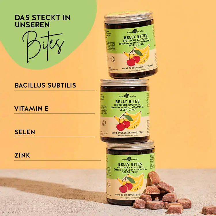 Hier siehst Du die Inhaltsstoffe unserer Belly Bites: Bacillus Subtilis, Vitamin E, Selen und Zink.