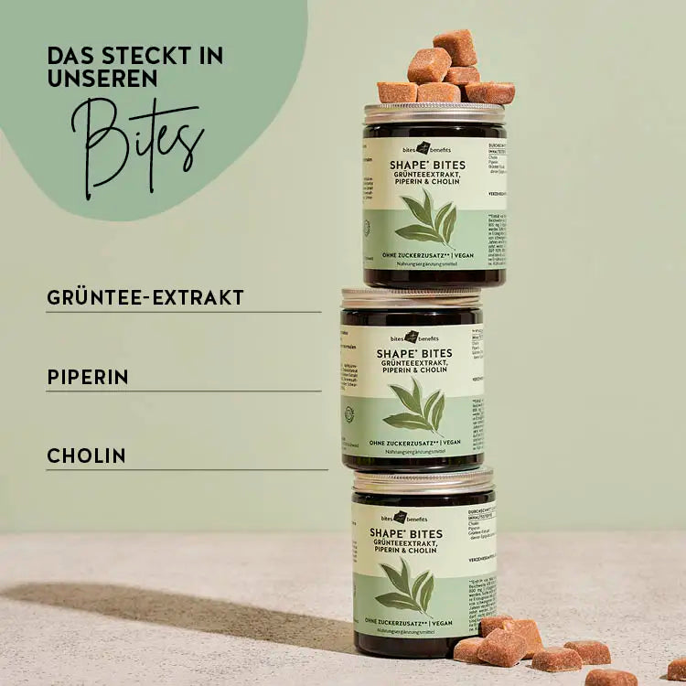 Hier siehst Du die Inhaltsstoffe unserer Beauty Bites: Grüntee-Extrakt, Piperin und Cholin.