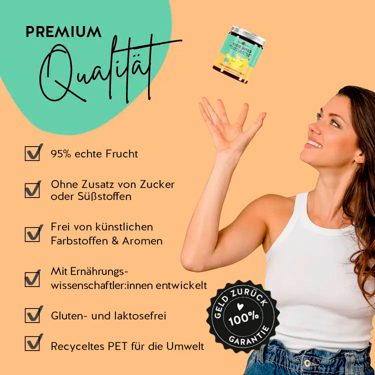 Auf diesem Bild befindet sich eine Erklärung des Produkts Kids Bites Multivitamin-Komplex für Kinder ab 4 Jahren von Bears with Benefits. 