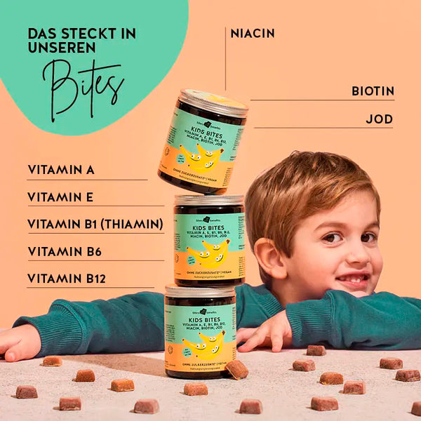 Auf diesem Bild werden die Inhaltsstoffe des Produkts Kids Bites Multivitamin-Komplex für Kinder ab 4 Jahren von Bears with Benefits erklärt. 