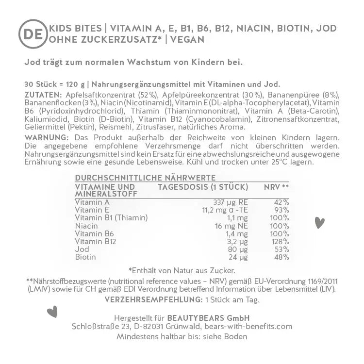 Auf diesem Bild ist das Label von Bears with Benefits Kids Bites Multivitamin-Komplex abgebildet.