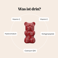 Bears with Benefits Forever Young SKIN Vitamin – Inhaltsstoffe pro Gummibärchen: Kollagenpeptide 500 mg, Hyaluronsäure 100 mg, Coenzym Q10 10 mg, Vitamin C 12 mg, Vitamin E 1,8 mg α-TE, Kollagen & Hyaluron Gummies, zuckerfrei
