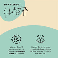 Vitamin C und E tragen dazu bei, die Zellen vor oxidativem Stress zu schützen. Vitamin C trägt zu einer normalen Kollagenbildung für eine normale Funktion der Haut bei.