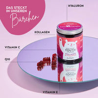 Diese Inhaltsstoffe und Nährstoffe stecken in den Born This Way Youth Vitamins von Bears with Benefits: Hyaluron, Kollagen, Coenzym Q10, Vitamin E und Vitamin C