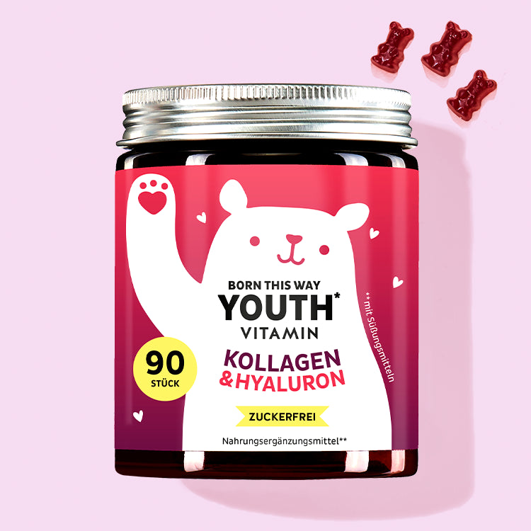 Eine Dose der Born This Way Youth Vitamins mit Kollagen und Hyaluron von Bears with Benefits für den Anti-Aging Boost