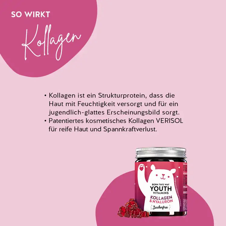 So wirken die Born This Way Youth Vitamin mit Kollagen: Kollagen versorgt die Haut mit Feuchtigkeit und sorgt für ein jugendlich-glattes Erscheinungsbild.