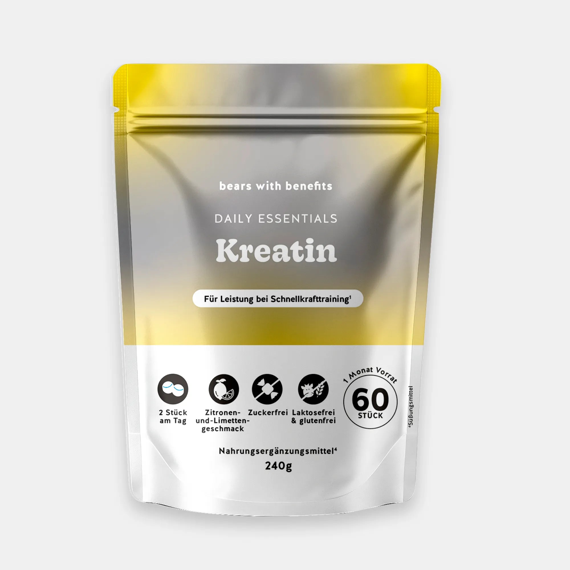 Bears with Benefits Daily Essentials Kreatin – vegane Kreatin Gummies für Leistung bei Schnellkrafttraining, 1.500 mg Kreatin pro Stück und 3.000 mg Kreatin pro Tagesdosis 2 Stück, 60 Stück, 1 Monat Vorrat, neu, Zitronen- und Limettengeschmack, zuckerfrei, laktosefrei & glutenfrei, Nahrungsergänzungsmittel, 240 g