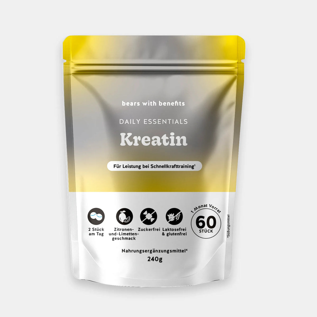Bears with Benefits Daily Essentials Kreatin – vegane Kreatin Gummies für Leistung bei Schnellkrafttraining, 1.500 mg Kreatin pro Stück und 3.000 mg Kreatin pro Tagesdosis 2 Stück, 60 Stück, 1 Monat Vorrat, neu, Zitronen- und Limettengeschmack, zuckerfrei, laktosefrei & glutenfrei, Nahrungsergänzungsmittel, 240 g