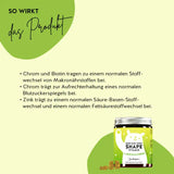 So wirken die Burn Baby Burn Shape Vitamine: Chrom und Biotin tragen zu einem normalen Stoffwechsel von Makronährstoffen bei, Chrom trägt zur Aufrechterhaltung eines normalen Blutzuckerspiegels bei und Zink trägt zu einem normalen Säure-Basen-Stoffwechsel und einem normalen Fettsäurestoffwechsel bei.