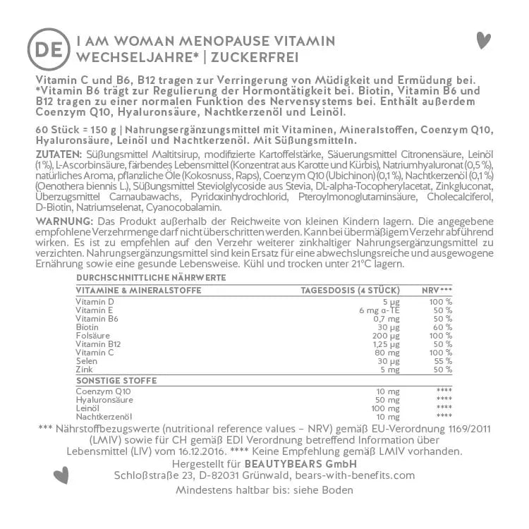 Hier siehst du die Nährstofftabelle der I Am Woman Menopause Vitamin zuckerfrei von Bears with Benefits.