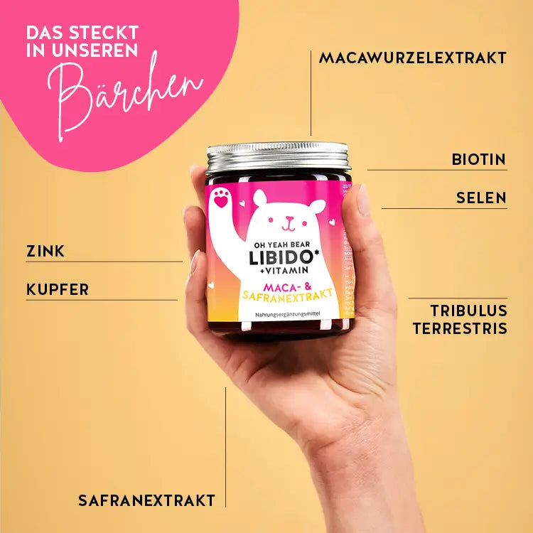 Auf diesem Bild sind die Inhaltsstoffe der Oh Yeah Libido Bärchen mit Maca dargestellt. Darauf stehen die Nährwertangaben sowie die Zutatenliste des Produkts. Macawurzelextrakt, Biotin, Selen, Tribulus Terrestris, Safranextrakt, Kupfer und Zink.