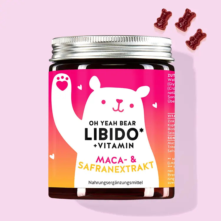 Auf diesem Bild ist eine Dose des Produkts Oh Yeah Bear Libido Vitamin mit Maca- und Safranextrakt von Bears with Benefits abgebildet.