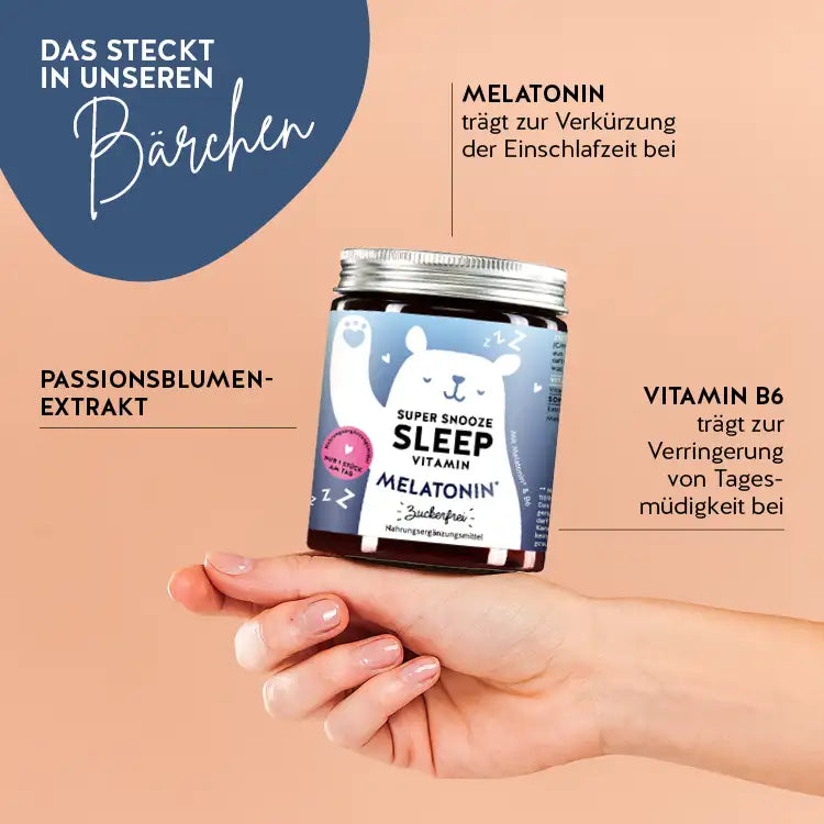 Diese Inhaltsstoffe und Nährstoffe stecken in den Super Snooze Sleep Vitamins von Bears with Benefits: Melatonin, Passionsblumenextrakt und Vitamin B6