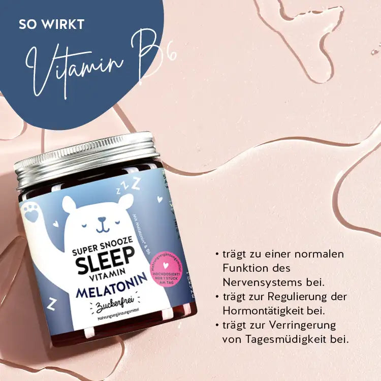 So wirken die Super Snooze Sleep Vitamine mit Vitamin B6: trägt zu einer normalen Funktion des Nervensystems bei, trägt zur Regulierung der Hormontätigkeit bei und trägt zur Verringerung von Tagesmüdigkeit bei.