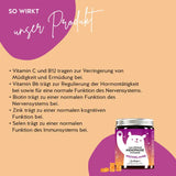 So wirken die I Am Woman Menopause Vitamine von Bears with Benefits: Unterstützung des emotionalen Gleichgewichts und des Nervensystems. Vitamin C und B12 tragen zur Verringerung von Müdigkeit und Ermüdung bei, Vitamin B6 trägt zur Regulierung der Hormontätigkeit bei sowie für eine normale Funktion des Nervensystems. Biotin trägt zu einer normalen Funktion des Nervensystems bei, Zink trägt zu einer normalen kognitiven Funktion bei und Selen trägt zu einer normalen Funktion des Immunsystems bei.
