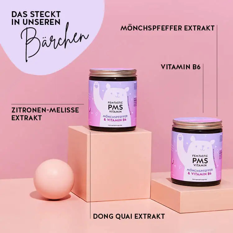 Diese Inhaltsstoffe und Nährstoffe stecken in den Femtastic PMS Vitamins von Bears with Benefits: Mönchspfeffer, Zitronen-Melisse, Dong Quai und Vitamin B6