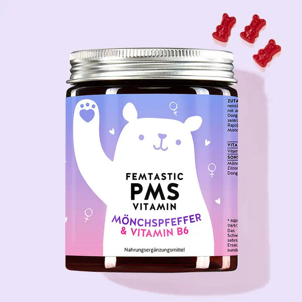Auf diesem Bild ist eine Dose des Produkts Femtastic PMS mit Mönchspfeffer von Bears with Benefits abgebildet.