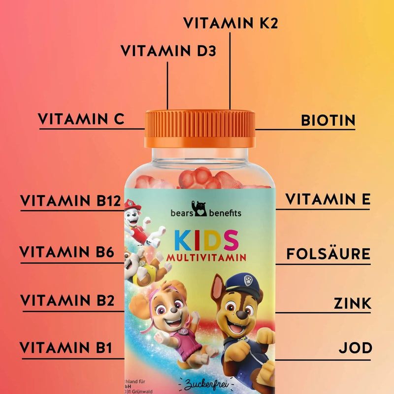 Auf diesem Bild sind die Inhaltsstoffe der Paw Patrol Bärchen mit Multivitamin-Komplex für Kinder dargestellt. Vitamin K2, Vitamin D3, Vitamin C, Vitamin B12, Vitamin B6, Vitamin B2, Vitamin B1, Biotin, Vitamin E, Folsäure, Zink und Jod.