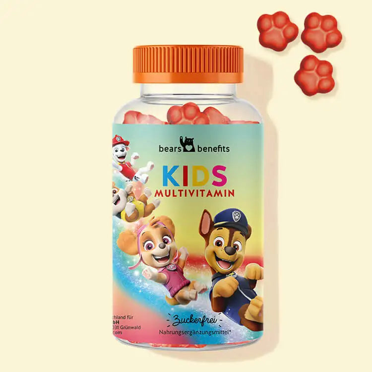 Auf diesem Bild ist eine Dose des Produkts Paw Patrol mit Multivitamin-Komplex für Kinder von Bears with Benefits abgebildet.