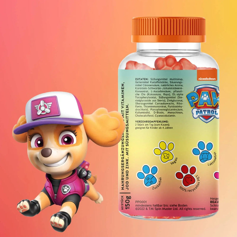 Hier ist die Rückseite der Verpackung der Paw Patrol Bärchen mit Multivitamin-Komplex für Kinder abgebildet. Darauf steht die Zutatenliste des Produkts.