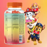 Hier ist die Rückseite der Verpackung der Paw Patrol Bärchen mit Multivitamin-Komplex für Kinder abgebildet. Darauf stehen die Nährwertangaben des Produkts.