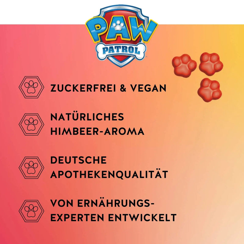 Auf diesem Bild sind die Benefits des Produkts Power Paws Vitamine mit Multivitamin-Komplex von Bears with Benefits dargestellt. Zuckerfrei & vegan, natürliches Himbeer-Aroma, deutsche Apothekenqualität und von Ernährungsexperten entwickelt.