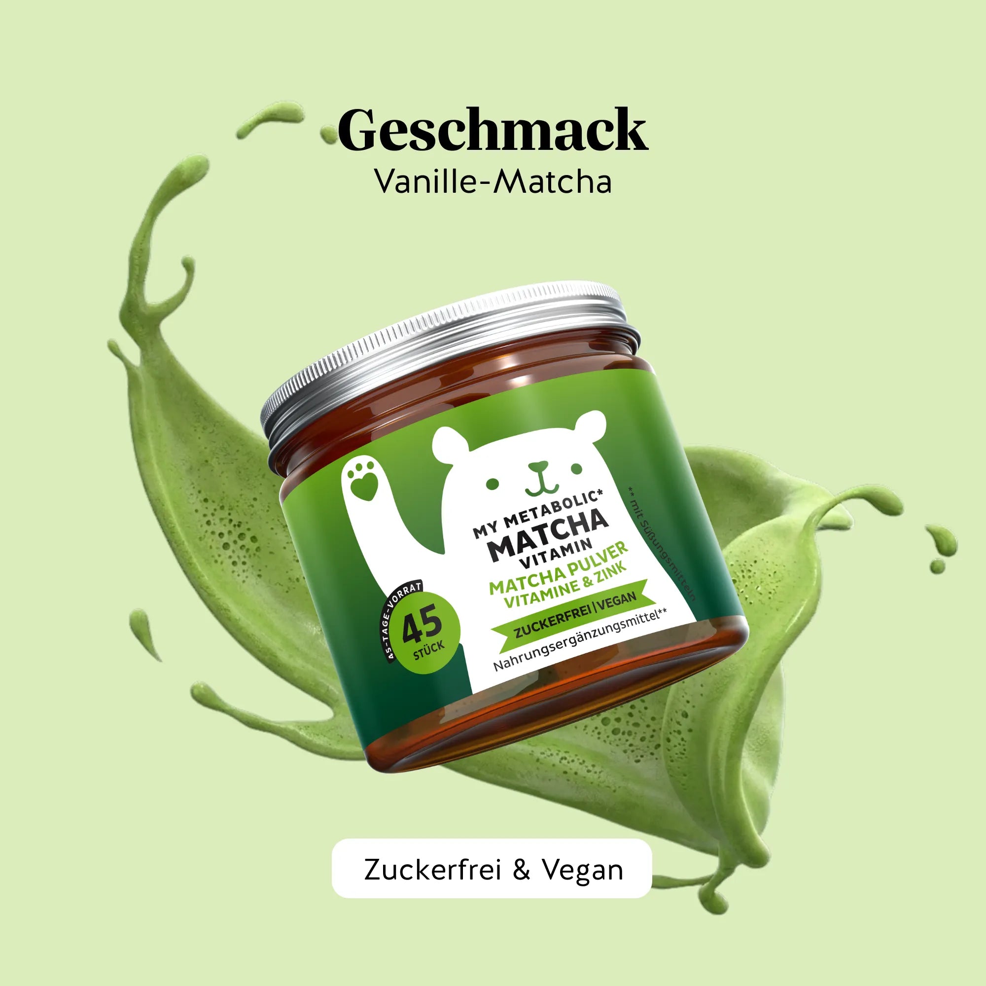 Bears with Benefits My Metabolic Matcha – natürlicher Vanille-Matcha-Geschmack, zuckerfrei und vegan, 45 Bärchen.