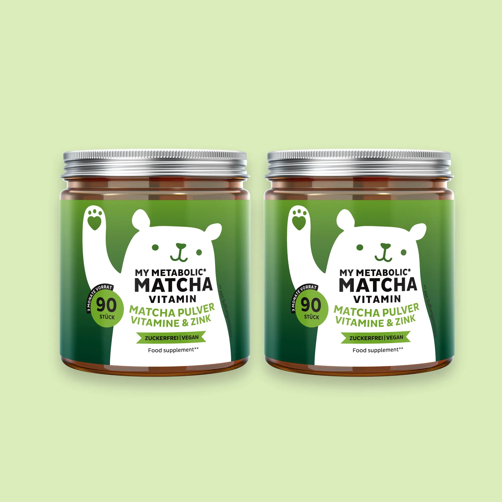 Bears with Benefits My Metabolic Matcha – Doppelpack vegane Gummibärchen mit Zink und Matcha für den Kohlenhydratstoffwechsel, 180 Bärchen (2 x 90) Geschmack Vanille-Matcha