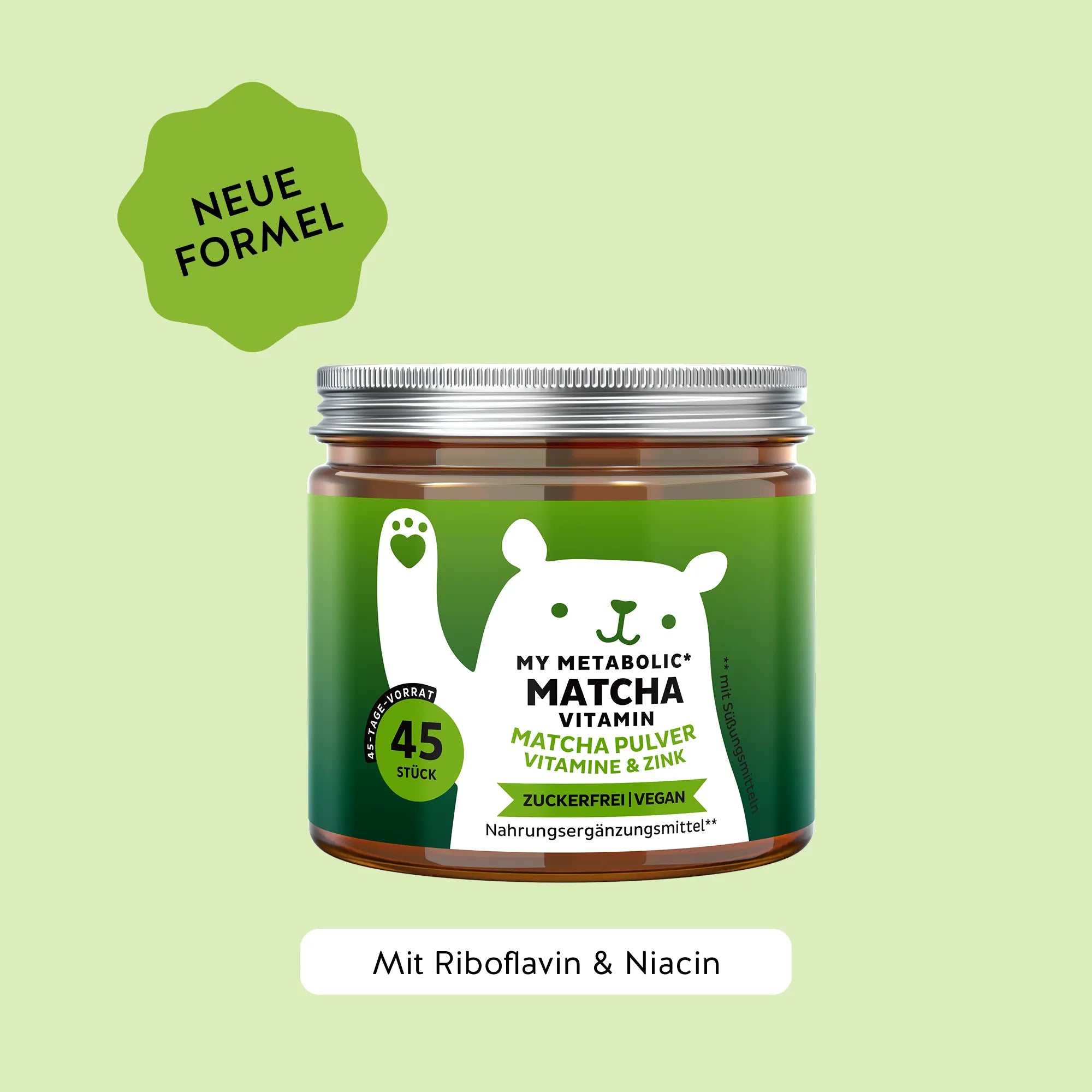 Bears with Benefits My Metabolic Matcha – vegane Gummibärchen mit B-Vitaminen, Zink und 80 mg Matcha-Pulver für einen normalen Energiestoffwechsel, 45 Bärchen Geschmack Vanille-Matcha.
