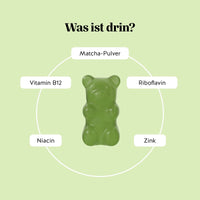 Bears with Benefits My Metabolic Matcha – mit Vitamin B12, Riboflavin, Niacin, Zink und 80 mg Matcha-Pulver aus grünem Tee.
