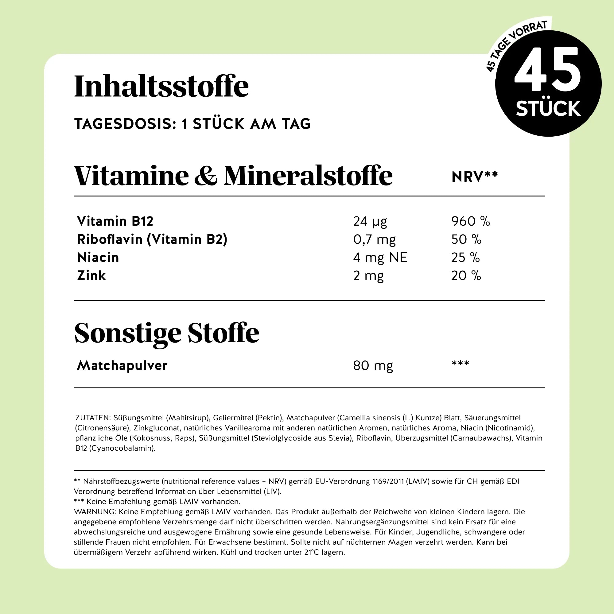 Bears with Benefits My Metabolic Matcha – vollständige Zutatenliste der veganen, zuckerfreien Matcha-Gummibärchen.
