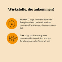 Inhaltsstoffe und Vorteile von Catch of the Day Vitality Support mit Omega-3 DHA und Vitamin C von Bears with Benefits, formuliert zur Unterstützung der täglichen Vitalität und des Immunsystems.
