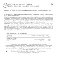 Hier siehst du die Nährstofftabelle der One In A Billion Gut Vitamin mit Biotix Komplex von Bears with Benefits.