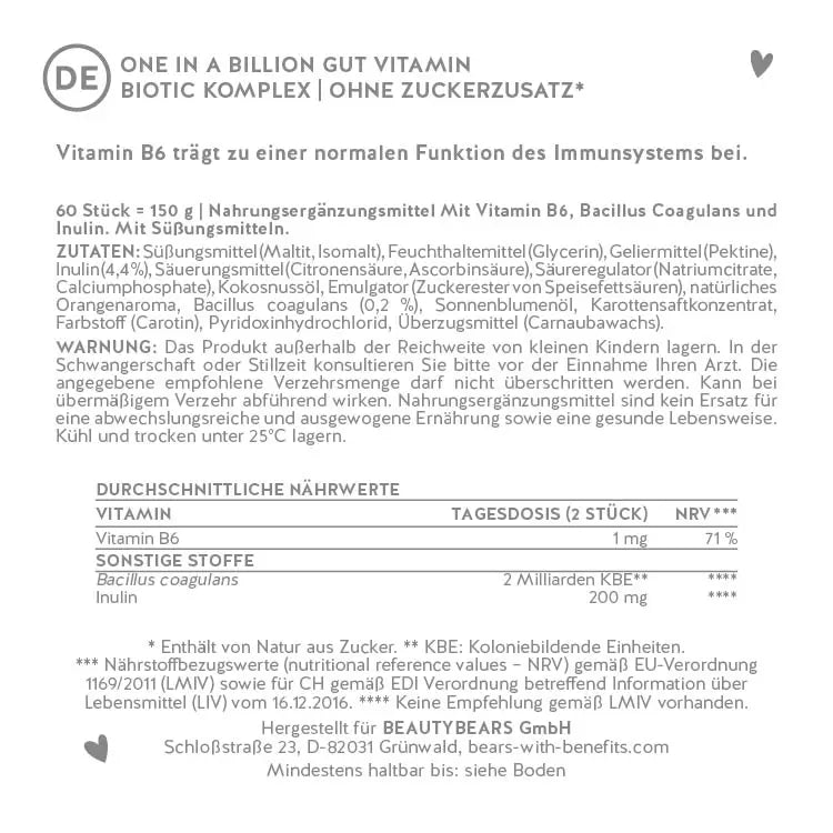Hier siehst du die Nährstofftabelle der One In A Billion Gut Vitamin mit Biotix Komplex von Bears with Benefits.