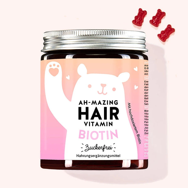 Auf diesem Bild ist eine Dose des Produkts Ah-mazing Hair zuckerfreie Vitamins mit Biotin von Bears with Benefits abgebildet.